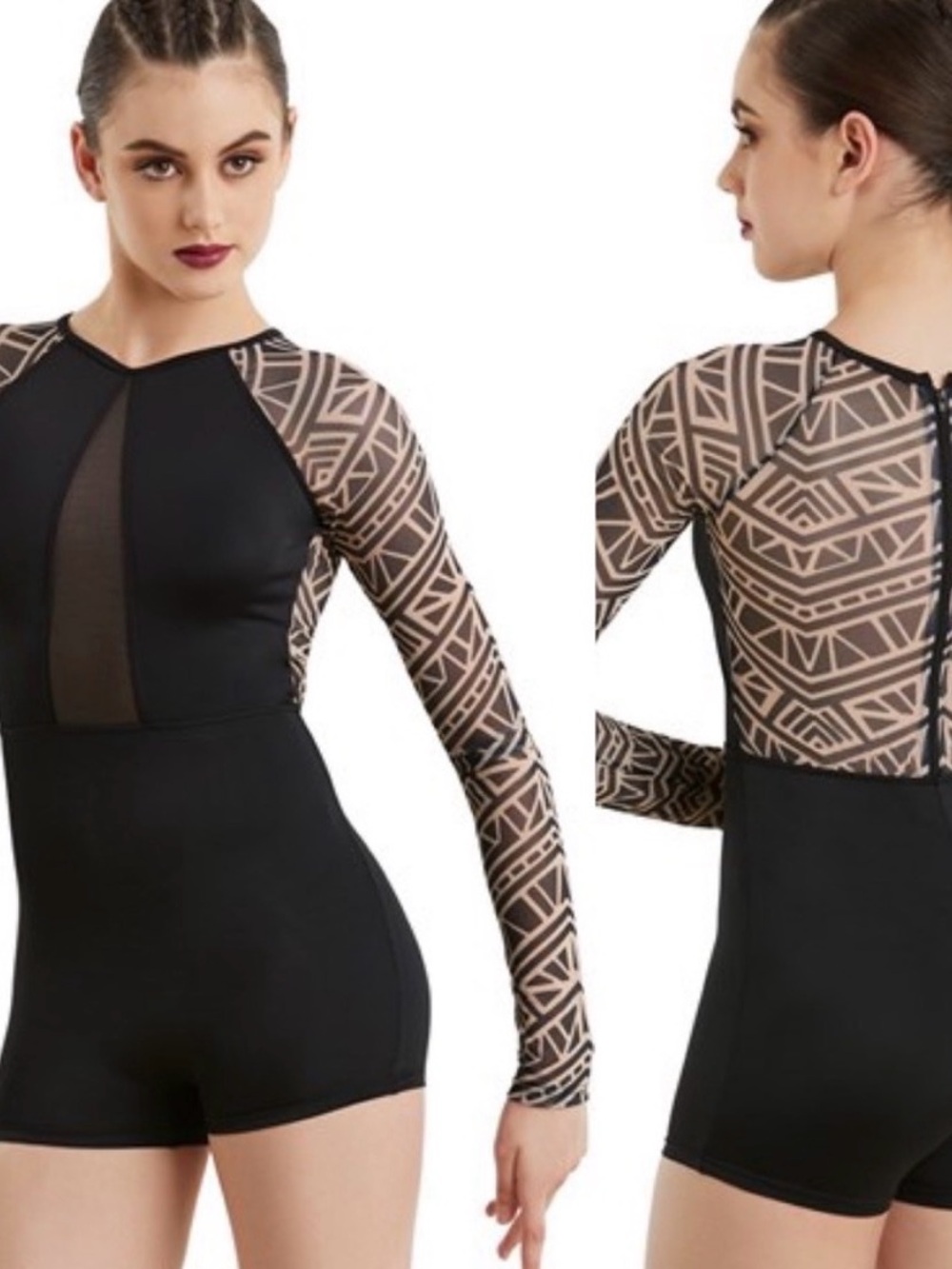 Bakers Black tan Geometric Mesh Sleeve Dance Leotard biketard Romper